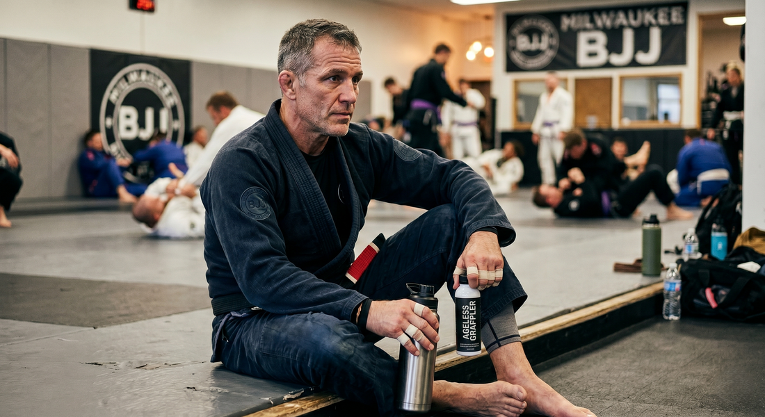 Middle aged Jiu Jitsu practitioner sitting on edge of mat