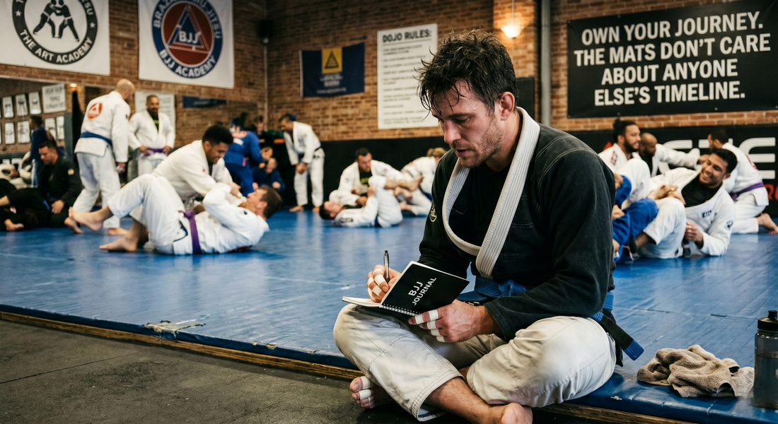 Jiu Jitsu practitioner journaling while sitting on the edge of the mat