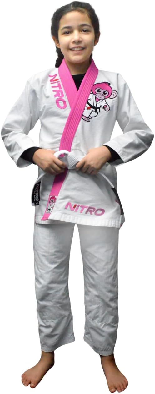 Girls Kids Premium BJJ Gi - FREE WHITE BELT - Pink Lapel - Lightweight - Monkey - Brazilian Jiu Jitsu Girl's Uniform