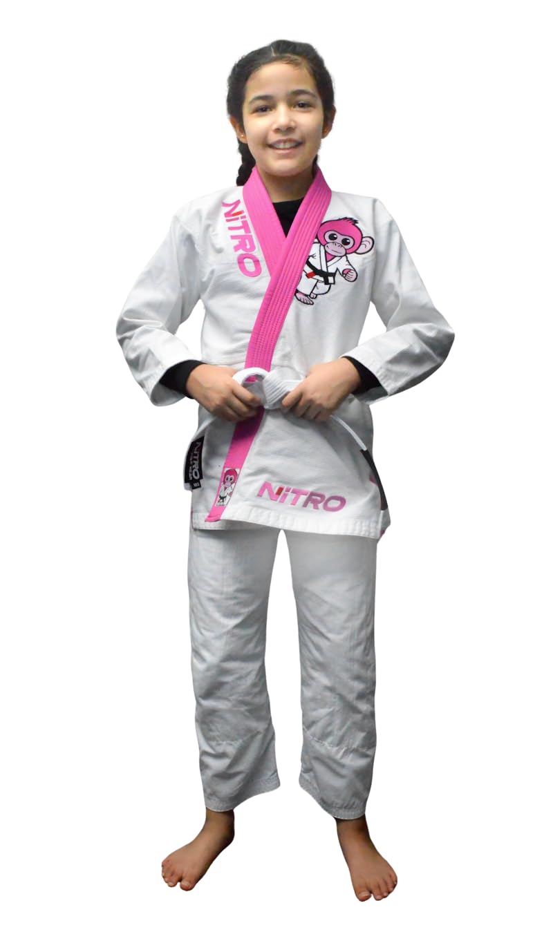 Girls Kids Premium BJJ Gi - FREE WHITE BELT - Pink Lapel - Lightweight - Monkey - Brazilian Jiu Jitsu Girl's Uniform