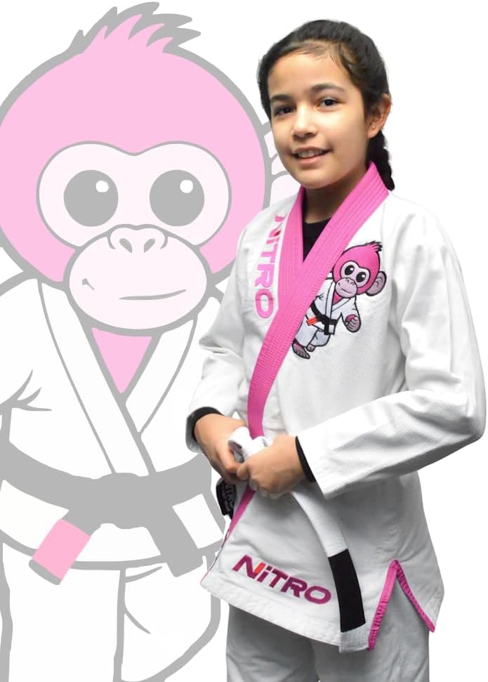 Girls Kids Premium BJJ Gi - FREE WHITE BELT - Pink Lapel - Lightweight - Monkey - Brazilian Jiu Jitsu Girl's Uniform