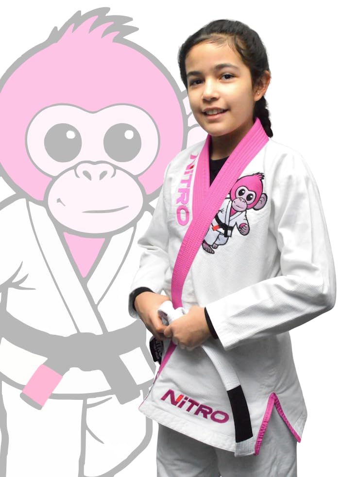 Girls Kids Premium BJJ Gi - FREE WHITE BELT - Pink Lapel - Lightweight - Monkey - Brazilian Jiu Jitsu Girl's Uniform