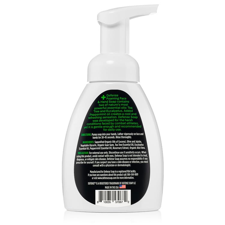 Defense Liquid Foaming Face & Hand Soap 7.5 Fl Oz with Tea Tree, Eucalyptus, Jojoba, Aloe Vera, Olive & Coconut Oils