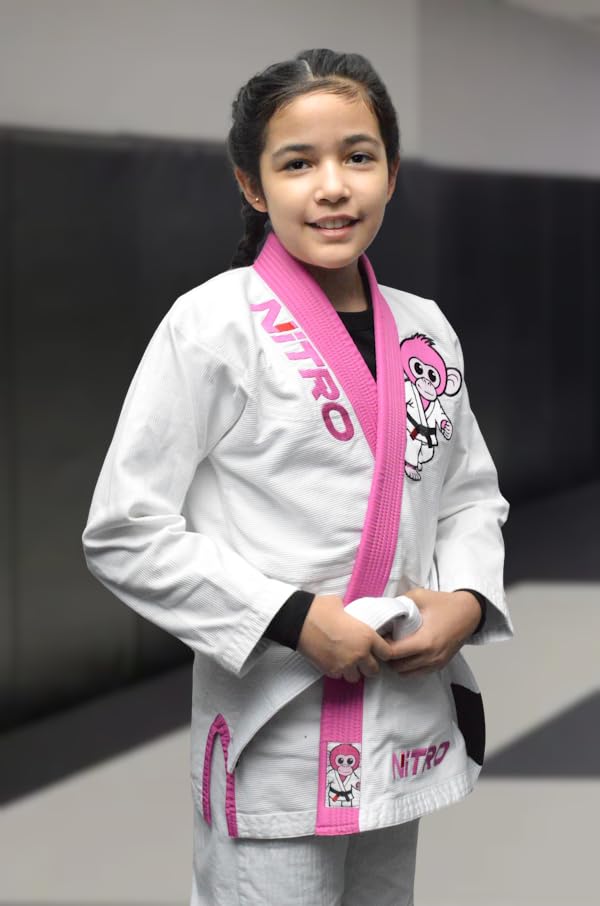 Girls Kids Premium BJJ Gi - FREE WHITE BELT - Pink Lapel - Lightweight - Monkey - Brazilian Jiu Jitsu Girl's Uniform