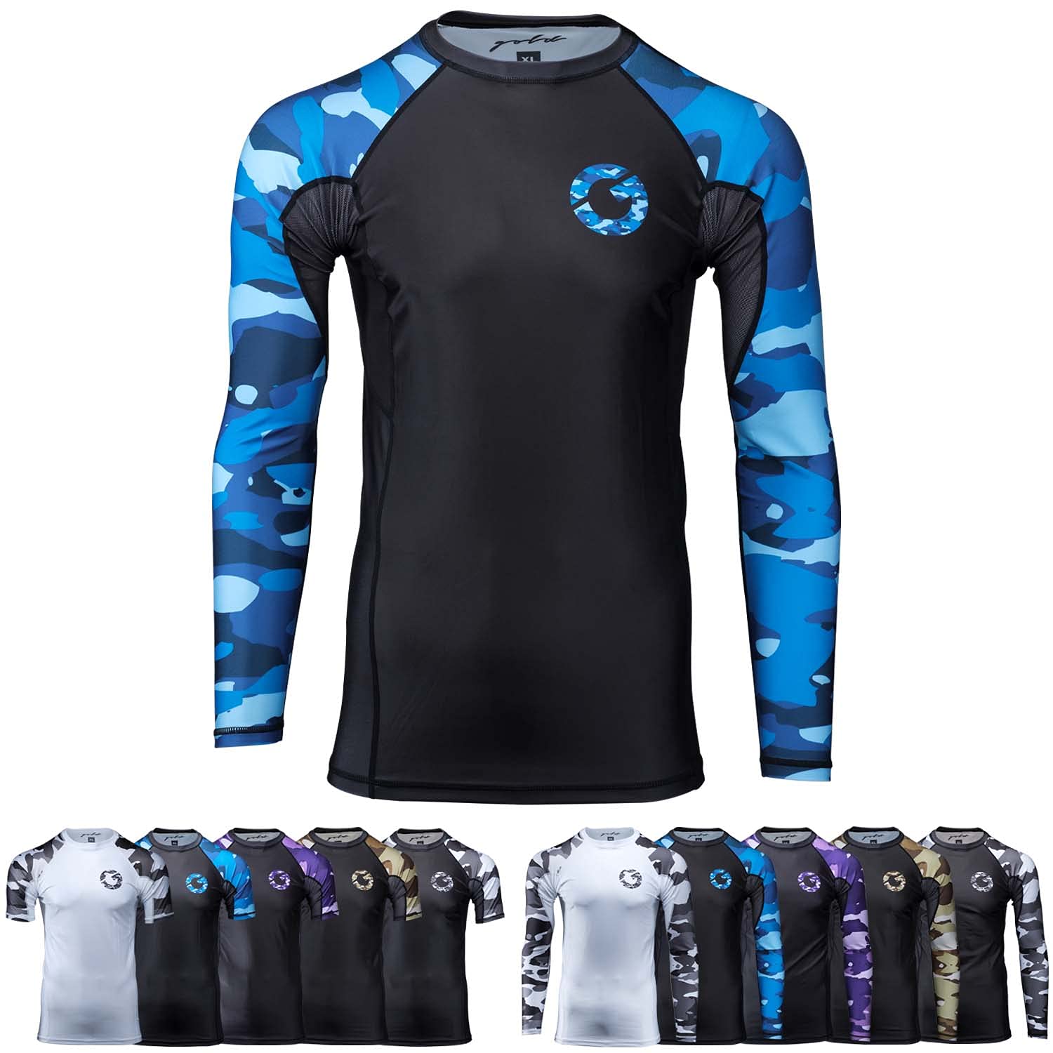Gold BJJ Jiu Jitsu Rashguard - Camo Rash Guard Compression Shirt for No-Gi, Gi, & MMA