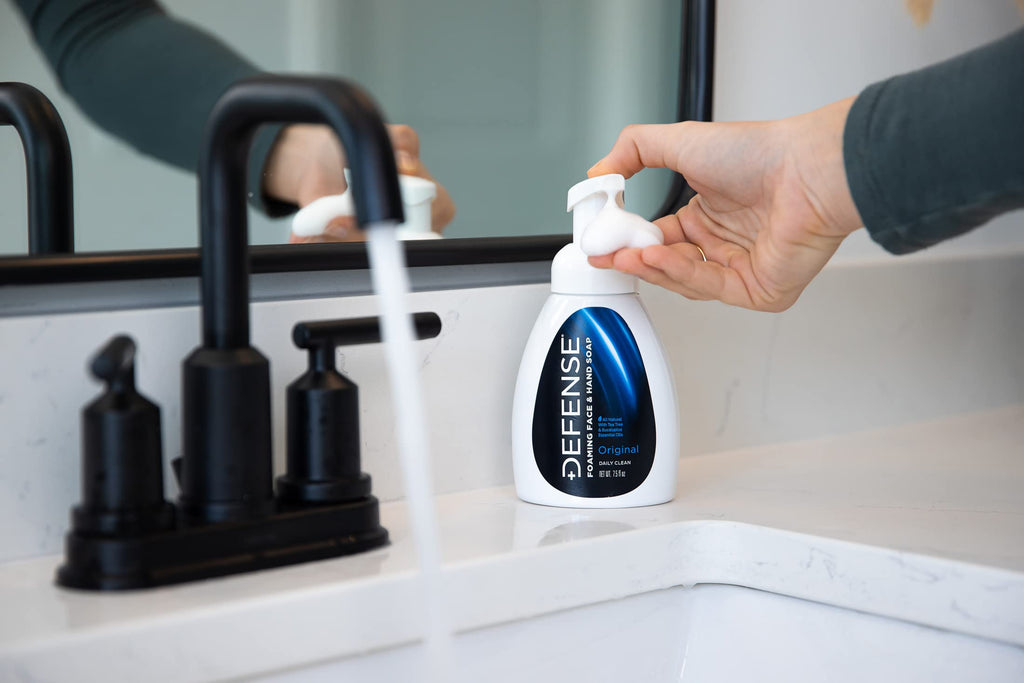 Defense Liquid Foaming Face & Hand Soap 7.5 Fl Oz with Tea Tree, Eucalyptus, Jojoba, Aloe Vera, Olive & Coconut Oils