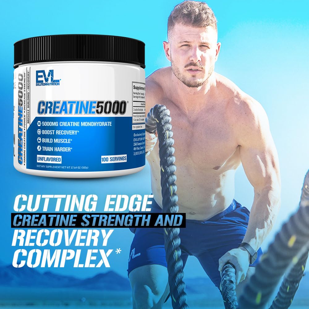 Evlution Nutrition Creatine 5000 - Supports Faster Recovery, Lean Muscle Growth & Performance - Pre & Post Workout Powder - 5000mg Pure Creatine Monohydrate Per Serving - 60 Servings - Unflavored