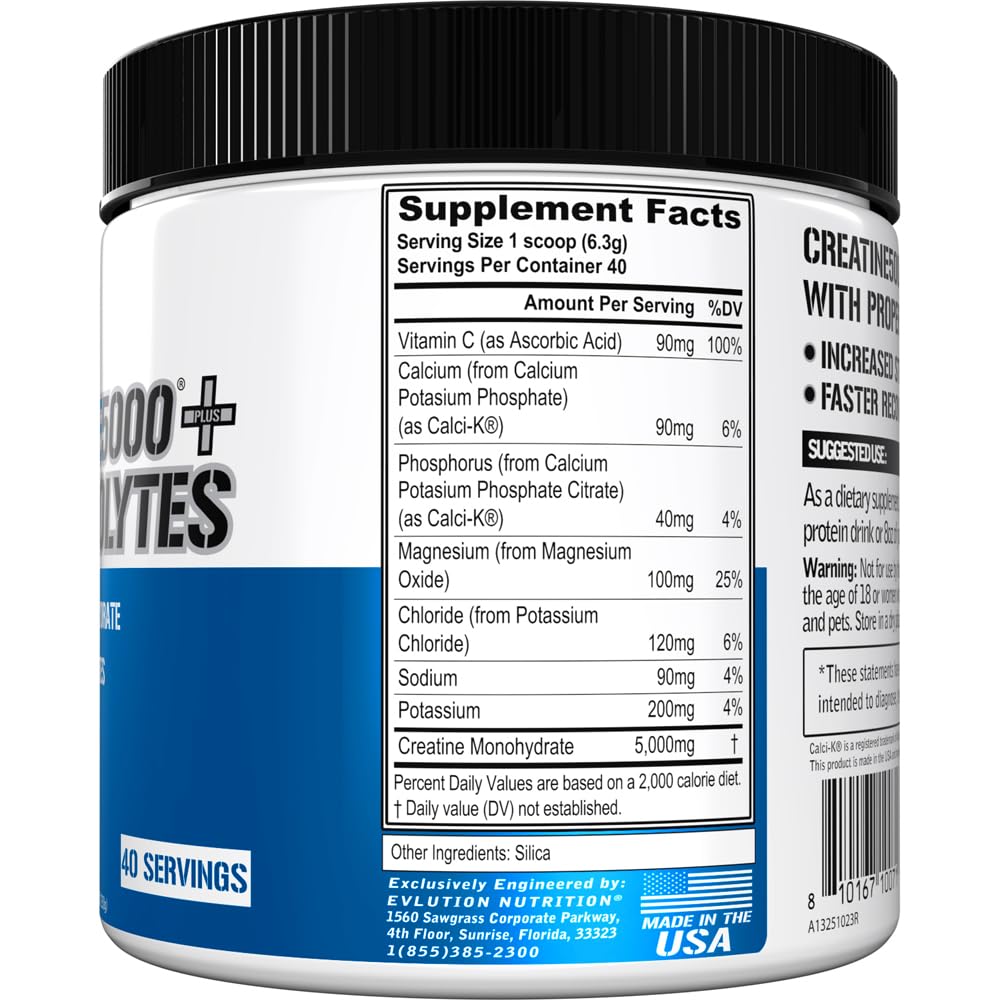 Evlution Nutrition Creatine 5000 - Supports Faster Recovery, Lean Muscle Growth & Performance - Pre & Post Workout Powder - 5000mg Pure Creatine Monohydrate Per Serving - 60 Servings - Unflavored