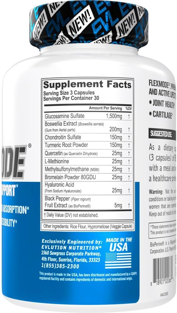 Evlution High Absorption Joint Support Supplement FLEXMODE Joint Supplement with Advanced Joint Vitamins Including Glucosamine Chondroitin MSM Boswellia and Hyaluronic Acid - 30 Servings