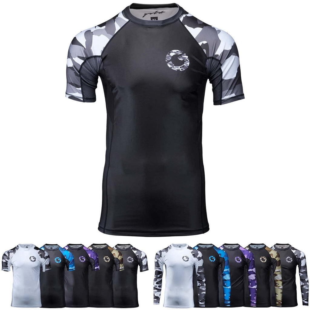 Gold BJJ Jiu Jitsu Rashguard - Camo Rash Guard Compression Shirt for No-Gi, Gi, & MMA