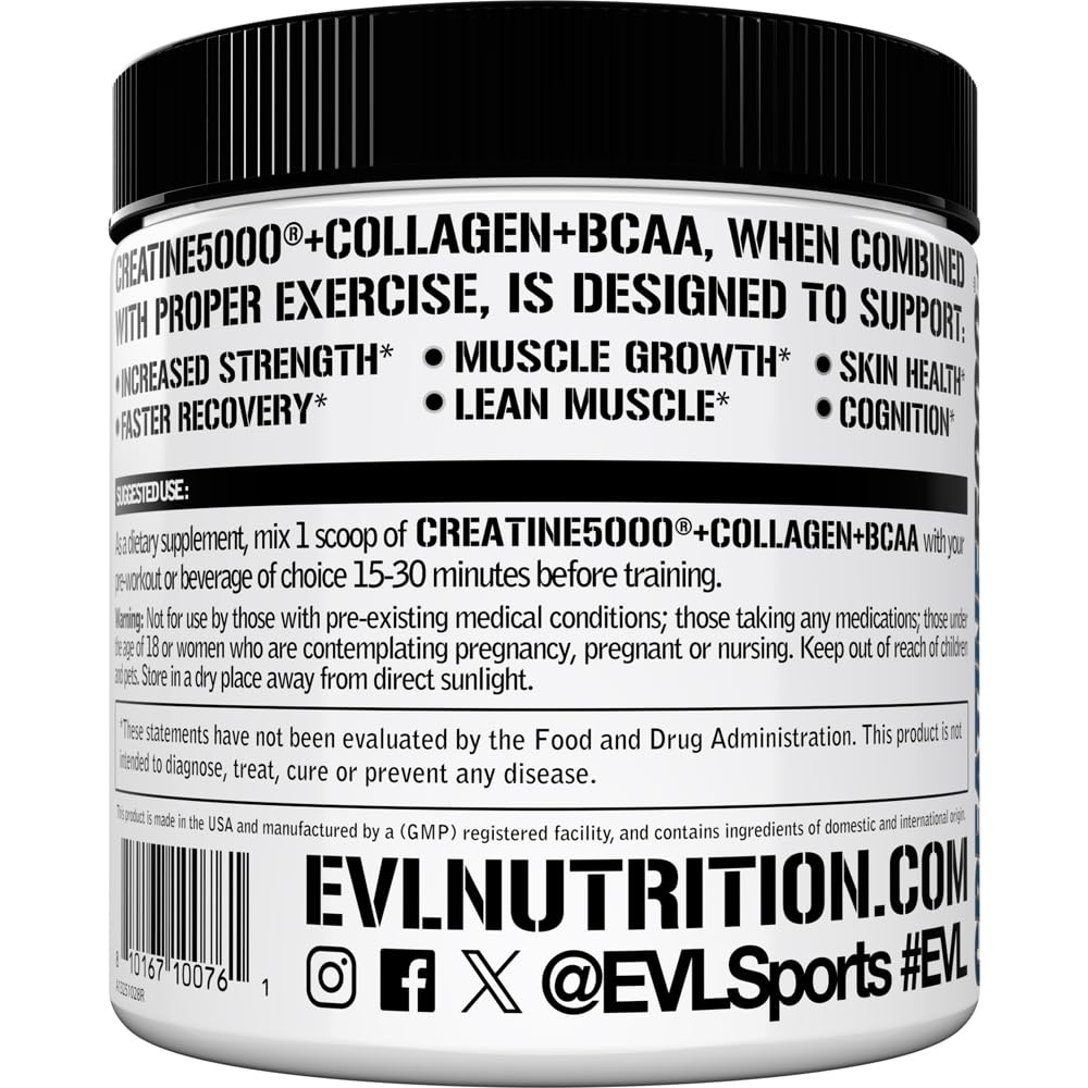 Evlution Nutrition Creatine 5000 - Supports Faster Recovery, Lean Muscle Growth & Performance - Pre & Post Workout Powder - 5000mg Pure Creatine Monohydrate Per Serving - 60 Servings - Unflavored