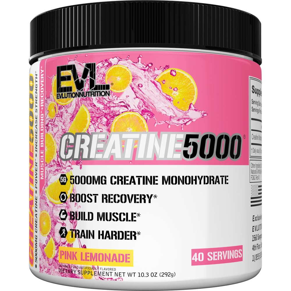 Evlution Nutrition Creatine 5000 - Supports Faster Recovery, Lean Muscle Growth & Performance - Pre & Post Workout Powder - 5000mg Pure Creatine Monohydrate Per Serving - 60 Servings - Unflavored