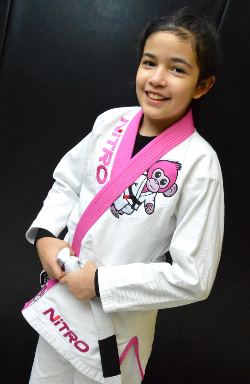 Girls Kids Premium BJJ Gi - FREE WHITE BELT - Pink Lapel - Lightweight - Monkey - Brazilian Jiu Jitsu Girl's Uniform