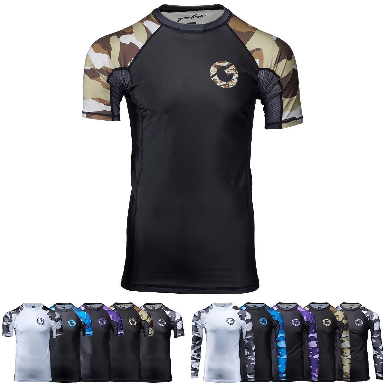 Gold BJJ Jiu Jitsu Rashguard - Camo Rash Guard Compression Shirt for No-Gi, Gi, & MMA