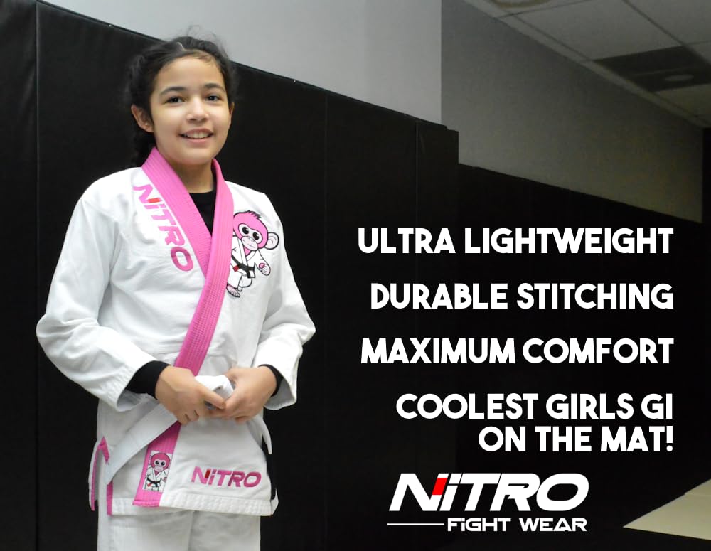 Girls Kids Premium BJJ Gi - FREE WHITE BELT - Pink Lapel - Lightweight - Monkey - Brazilian Jiu Jitsu Girl's Uniform