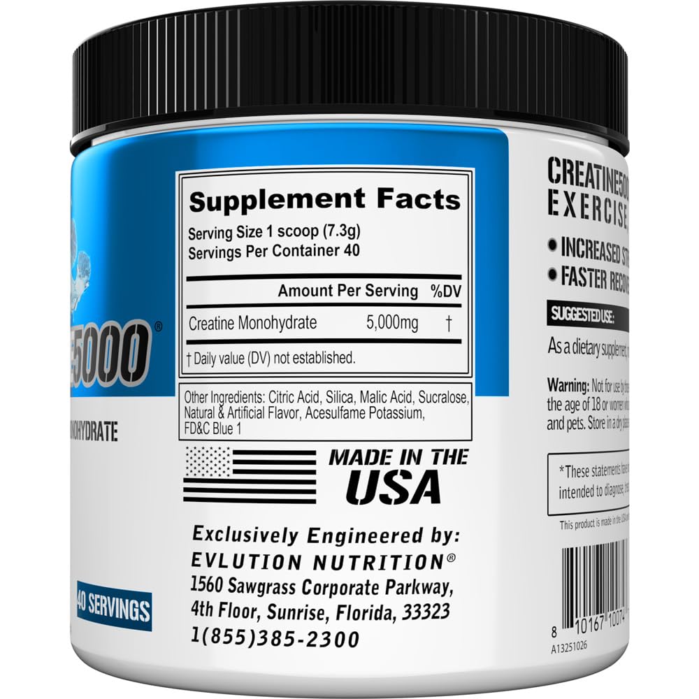 Evlution Nutrition Creatine 5000 - Supports Faster Recovery, Lean Muscle Growth & Performance - Pre & Post Workout Powder - 5000mg Pure Creatine Monohydrate Per Serving - 60 Servings - Unflavored