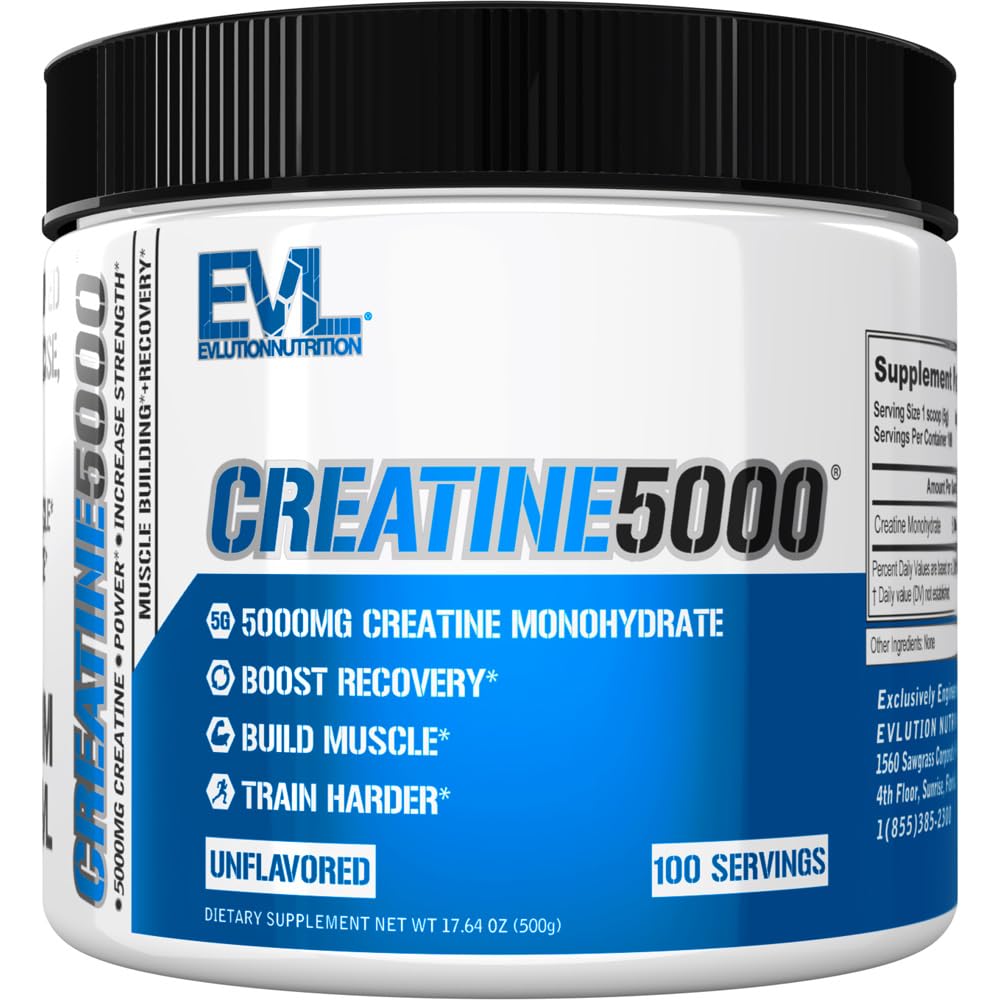 Evlution Nutrition Creatine 5000 - Supports Faster Recovery, Lean Muscle Growth & Performance - Pre & Post Workout Powder - 5000mg Pure Creatine Monohydrate Per Serving - 60 Servings - Unflavored