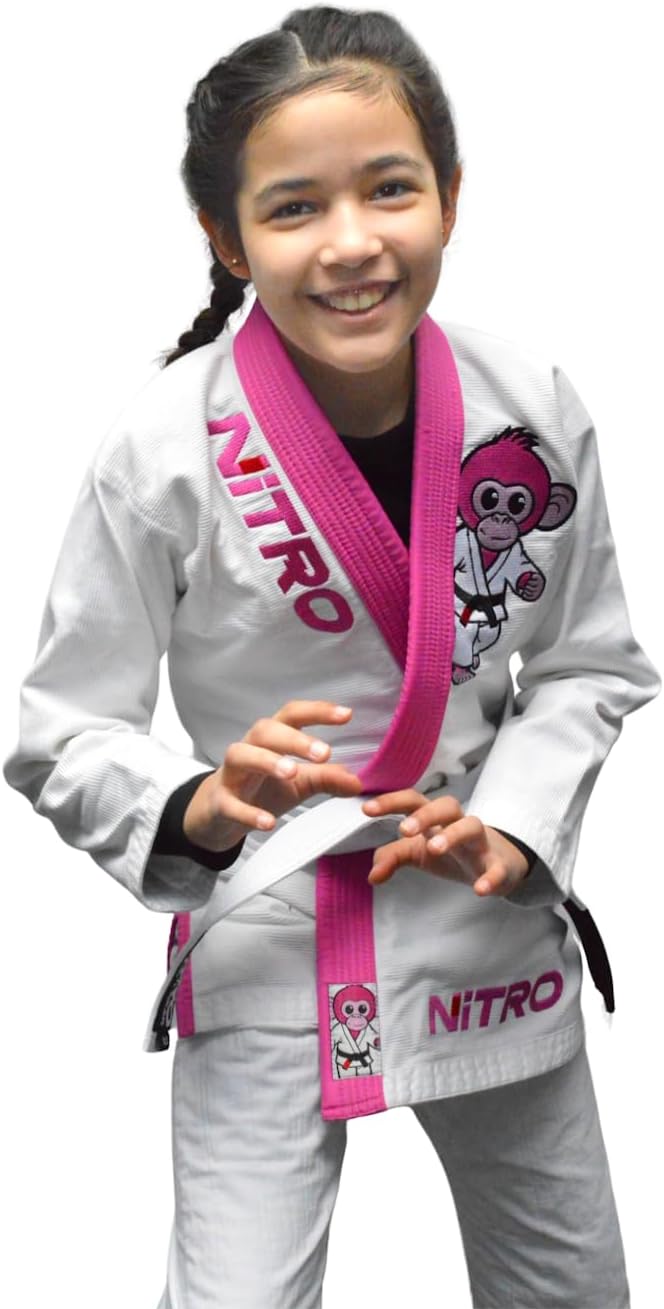 Girls Kids Premium BJJ Gi - FREE WHITE BELT - Pink Lapel - Lightweight - Monkey - Brazilian Jiu Jitsu Girl's Uniform