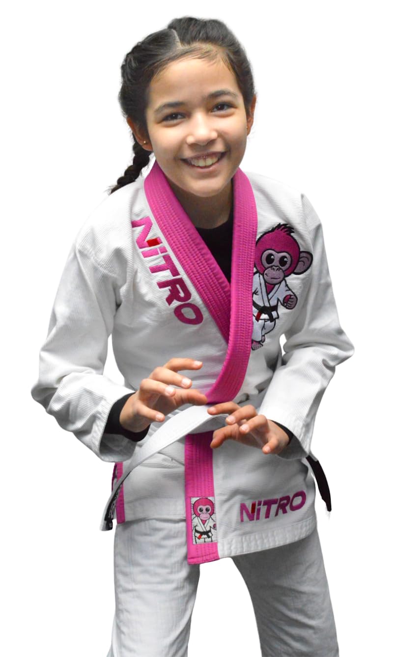 Girls Kids Premium BJJ Gi - FREE WHITE BELT - Pink Lapel - Lightweight - Monkey - Brazilian Jiu Jitsu Girl's Uniform
