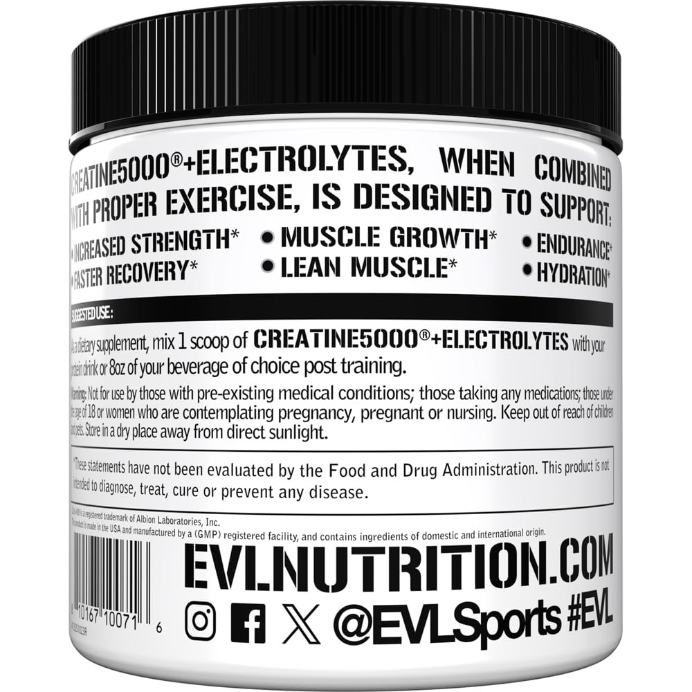 Evlution Nutrition Creatine 5000 - Supports Faster Recovery, Lean Muscle Growth & Performance - Pre & Post Workout Powder - 5000mg Pure Creatine Monohydrate Per Serving - 60 Servings - Unflavored