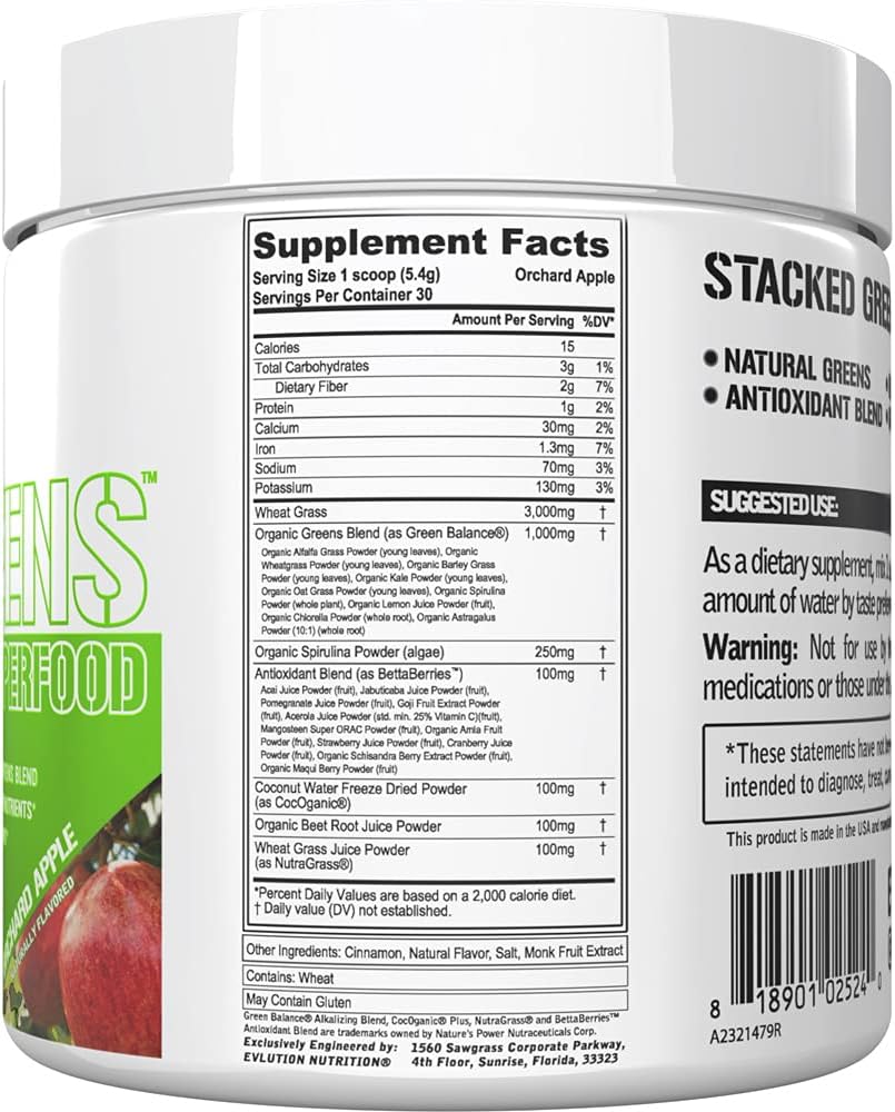 Evlution Nutrition Stacked Greens - Raw Superfood - Made with Natural Greens Blend + Essential Daily Micronutrients - Immunity + Hydration Support - Vegan & GMO-Free - 30 Servings - Orchard Apple