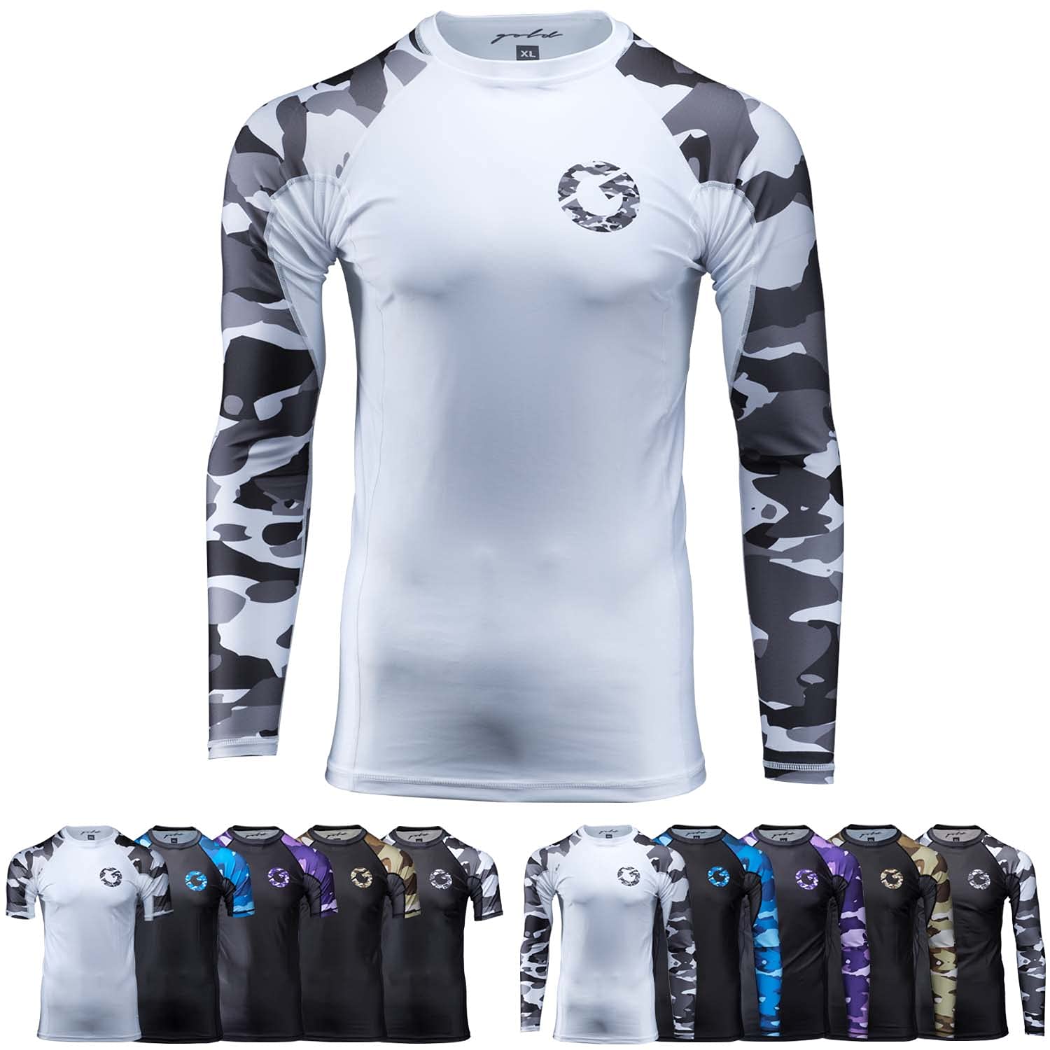 Gold BJJ Jiu Jitsu Rashguard - Camo Rash Guard Compression Shirt for No-Gi, Gi, & MMA