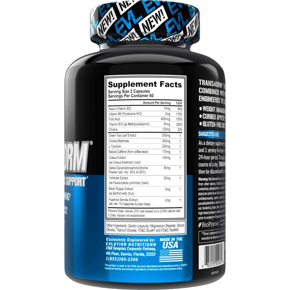 EVL Thermogenic Fat Burner Support - Fast Acting Weight Loss Energy and Appetite Support - Trans4orm Green Tea Supplement for Men and Women - 60 Servings