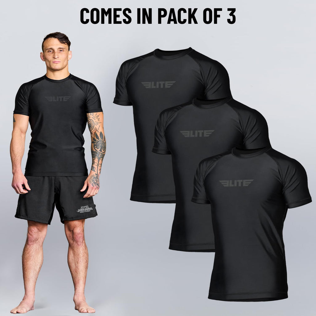 Elite Sports Jiu Jitsu BJJ Rash Guards, Men’s BJJ, No GI, MMA Ranked Short Sleeve Compression Base Layer Rash Guard