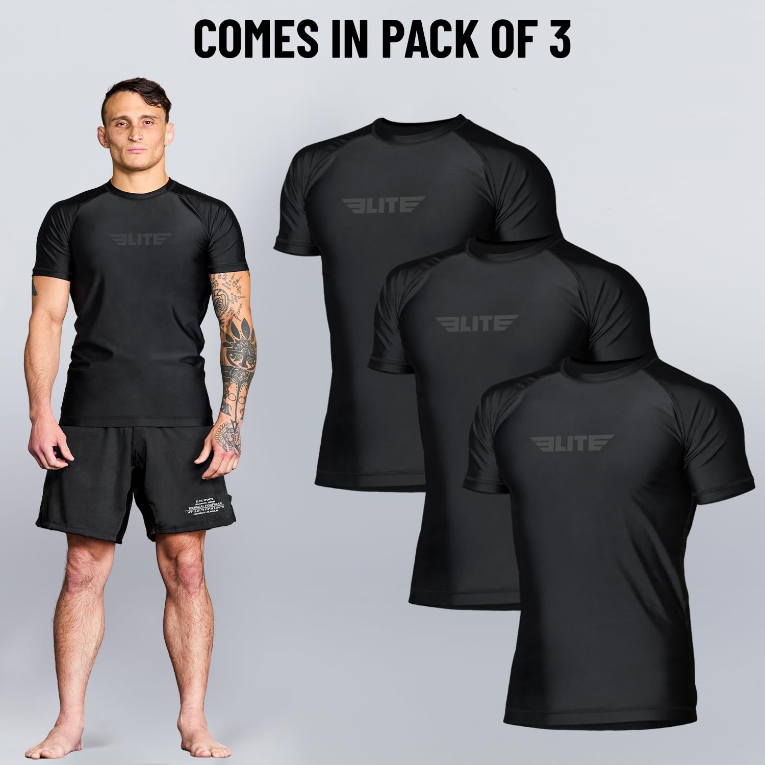 Elite Sports Jiu Jitsu BJJ Rash Guards, Men’s BJJ, No GI, MMA Ranked Short Sleeve Compression Base Layer Rash Guard