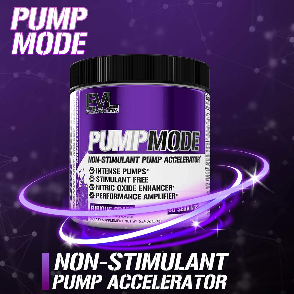 EVL PumpMode Nitric Oxide Supplement - Nitric Oxide Booster Pump Pre Workout Powder with Glycerol and Betaine for Muscle Recovery Growth and Endurance - Stim Free Pre Workout Drink (Furious Grape)