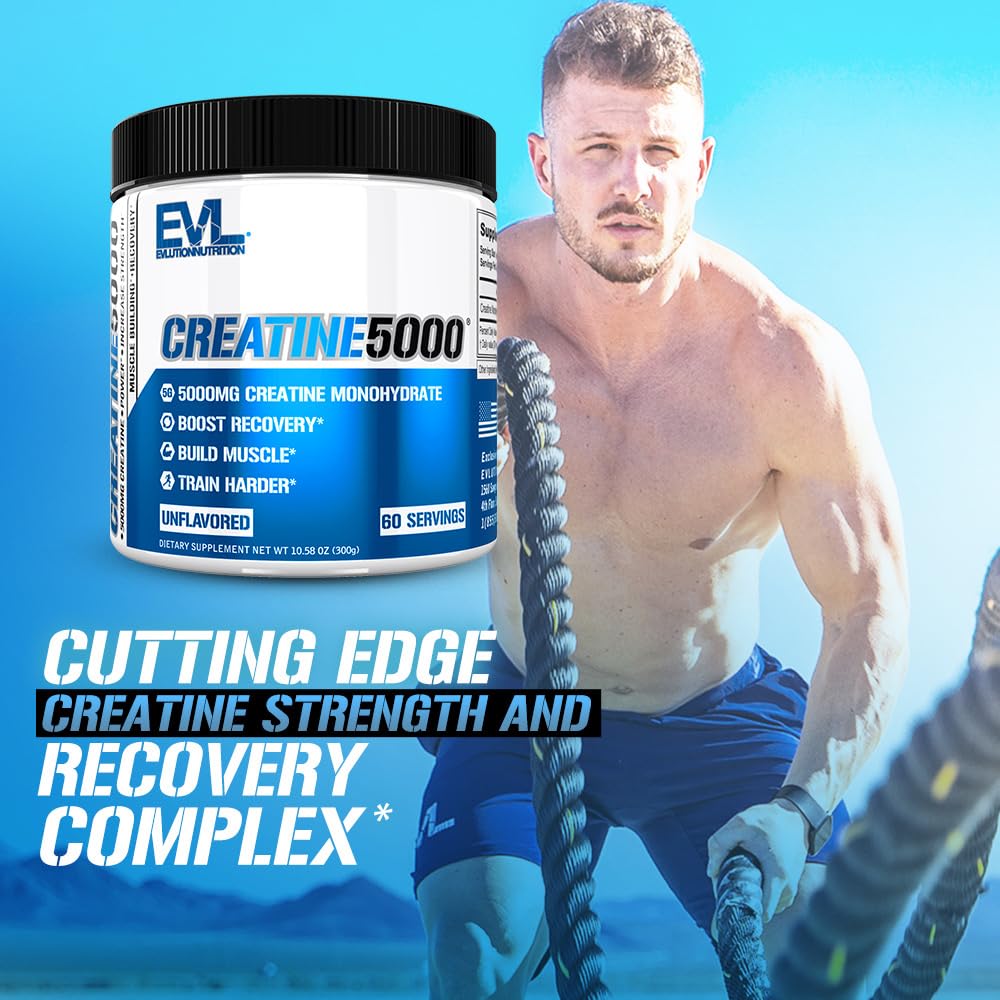 Evlution Nutrition Creatine 5000 - Supports Faster Recovery, Lean Muscle Growth & Performance - Pre & Post Workout Powder - 5000mg Pure Creatine Monohydrate Per Serving - 60 Servings - Unflavored