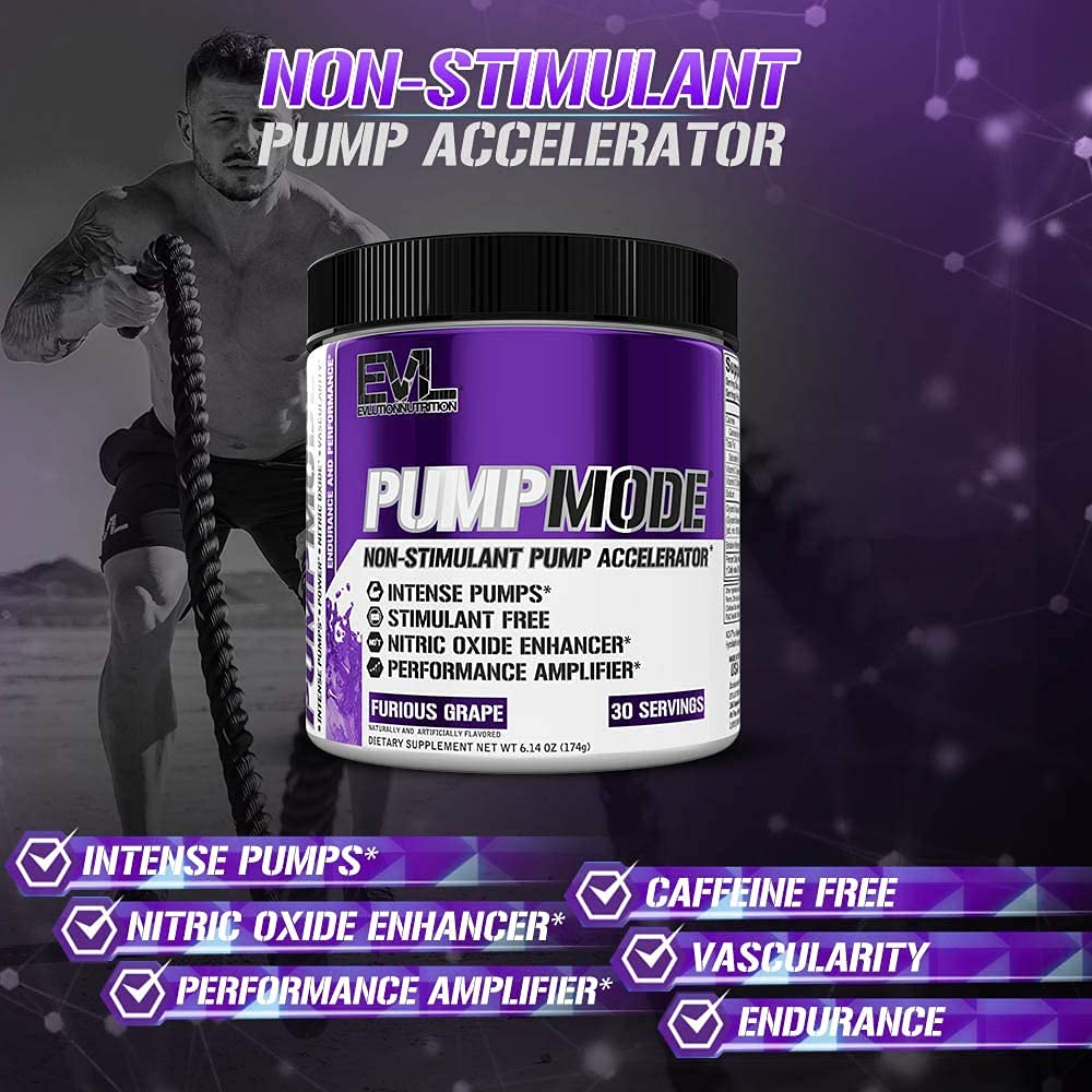 EVL PumpMode Nitric Oxide Supplement - Nitric Oxide Booster Pump Pre Workout Powder with Glycerol and Betaine for Muscle Recovery Growth and Endurance - Stim Free Pre Workout Drink (Furious Grape)