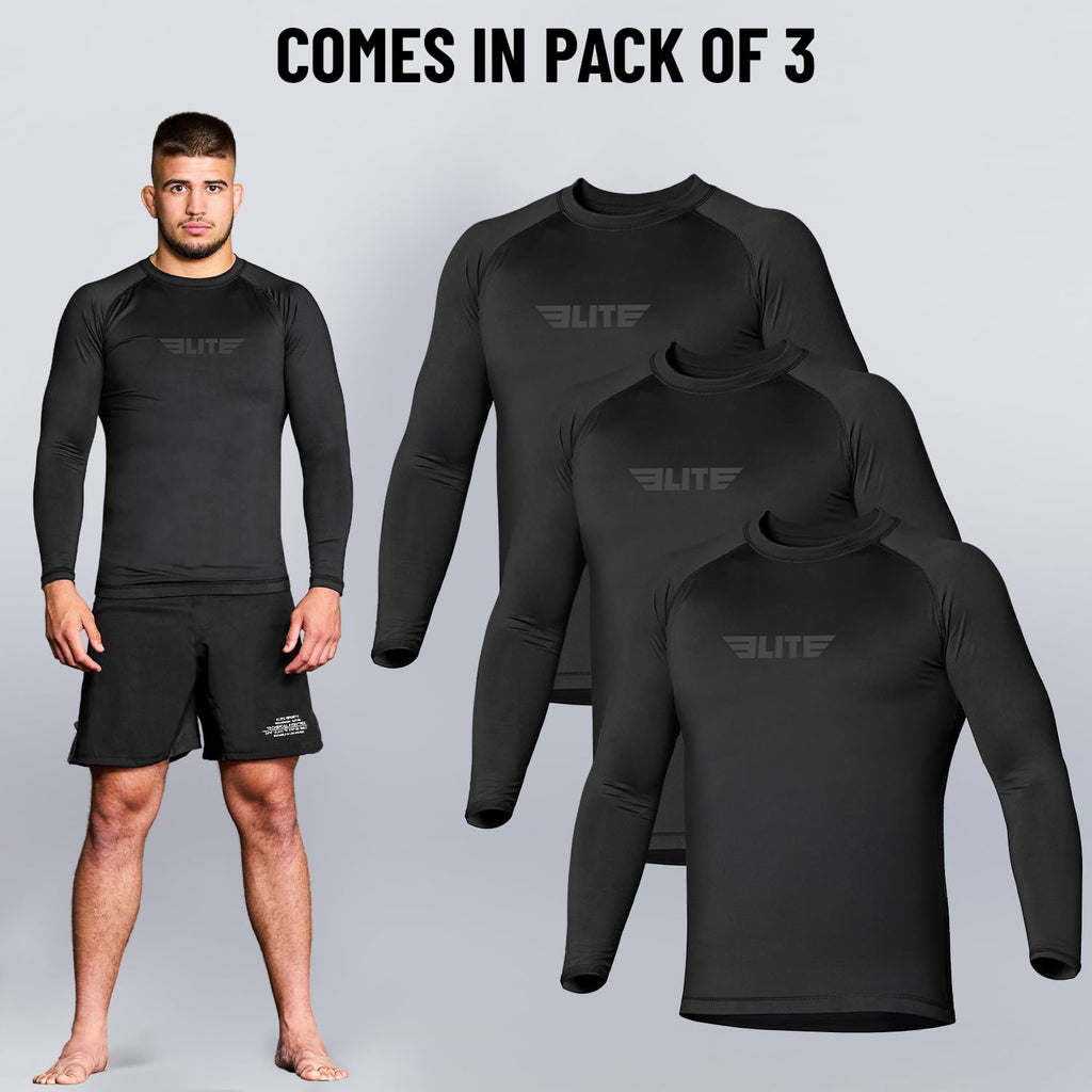 Elite Sports Men's Jiu Jitsu BJJ Rash Guard, Long Full Sleeve Compression Shirt for Sports Nogi Training