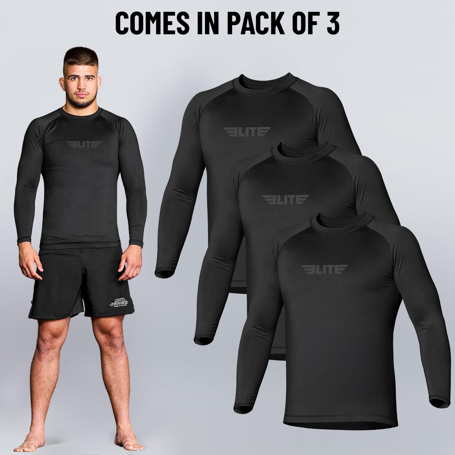 Elite Sports Men's Jiu Jitsu BJJ Rash Guard, Long Full Sleeve Compression Shirt for Sports Nogi Training