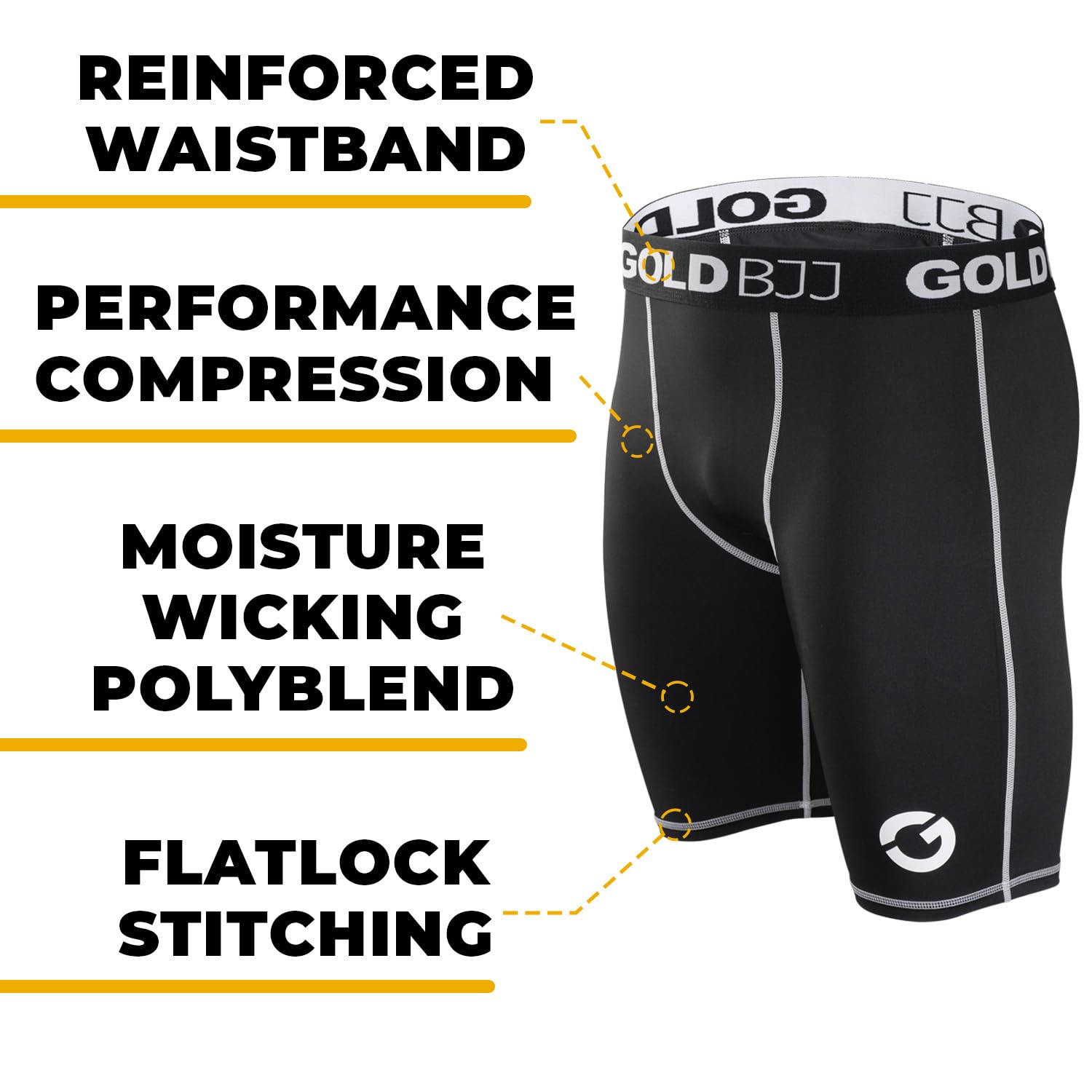 Gold BJJ Jiu Jitsu Compression Shorts - Base Layer for Gi and No-Gi Grappling - Martial Arts Short
