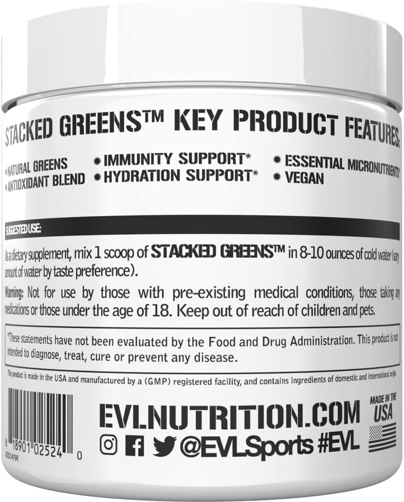 Evlution Nutrition Stacked Greens - Raw Superfood - Made with Natural Greens Blend + Essential Daily Micronutrients - Immunity + Hydration Support - Vegan & GMO-Free - 30 Servings - Orchard Apple