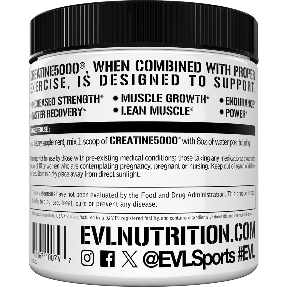 Evlution Nutrition Creatine 5000 - Supports Faster Recovery, Lean Muscle Growth & Performance - Pre & Post Workout Powder - 5000mg Pure Creatine Monohydrate Per Serving - 60 Servings - Unflavored