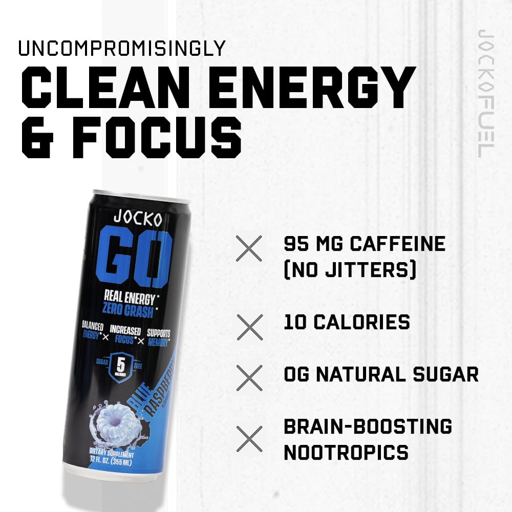 Jocko Fuel Blue Raspberry Energy Drink, 12 Pack, 0 Sugar, 95mg Caffeine, Supports Brain Health