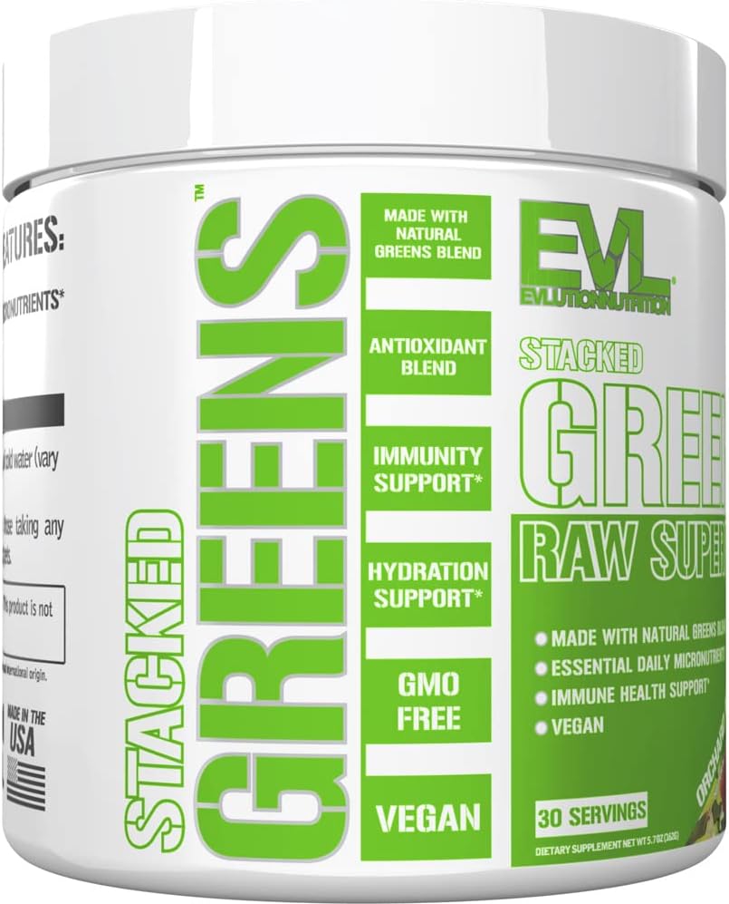 Evlution Nutrition Stacked Greens - Raw Superfood - Made with Natural Greens Blend + Essential Daily Micronutrients - Immunity + Hydration Support - Vegan & GMO-Free - 30 Servings - Orchard Apple