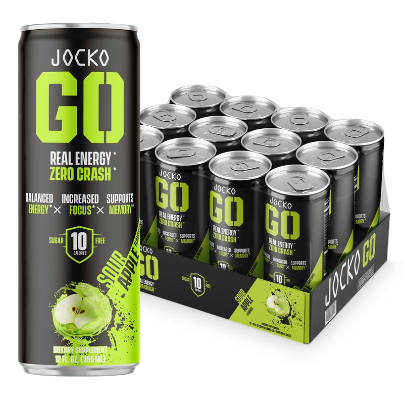 Jocko Fuel Blue Raspberry Energy Drink, 12 Pack, 0 Sugar, 95mg Caffeine, Supports Brain Health