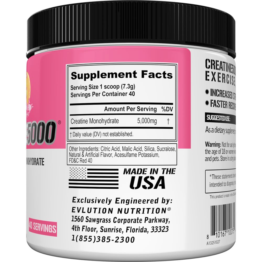 Evlution Nutrition Creatine 5000 - Supports Faster Recovery, Lean Muscle Growth & Performance - Pre & Post Workout Powder - 5000mg Pure Creatine Monohydrate Per Serving - 60 Servings - Unflavored