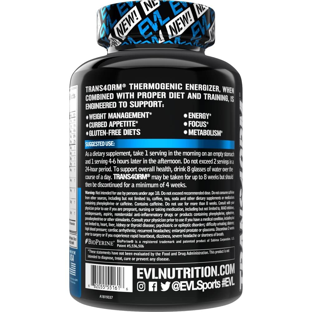 EVL Thermogenic Fat Burner Support - Fast Acting Weight Loss Energy and Appetite Support - Trans4orm Green Tea Supplement for Men and Women - 60 Servings