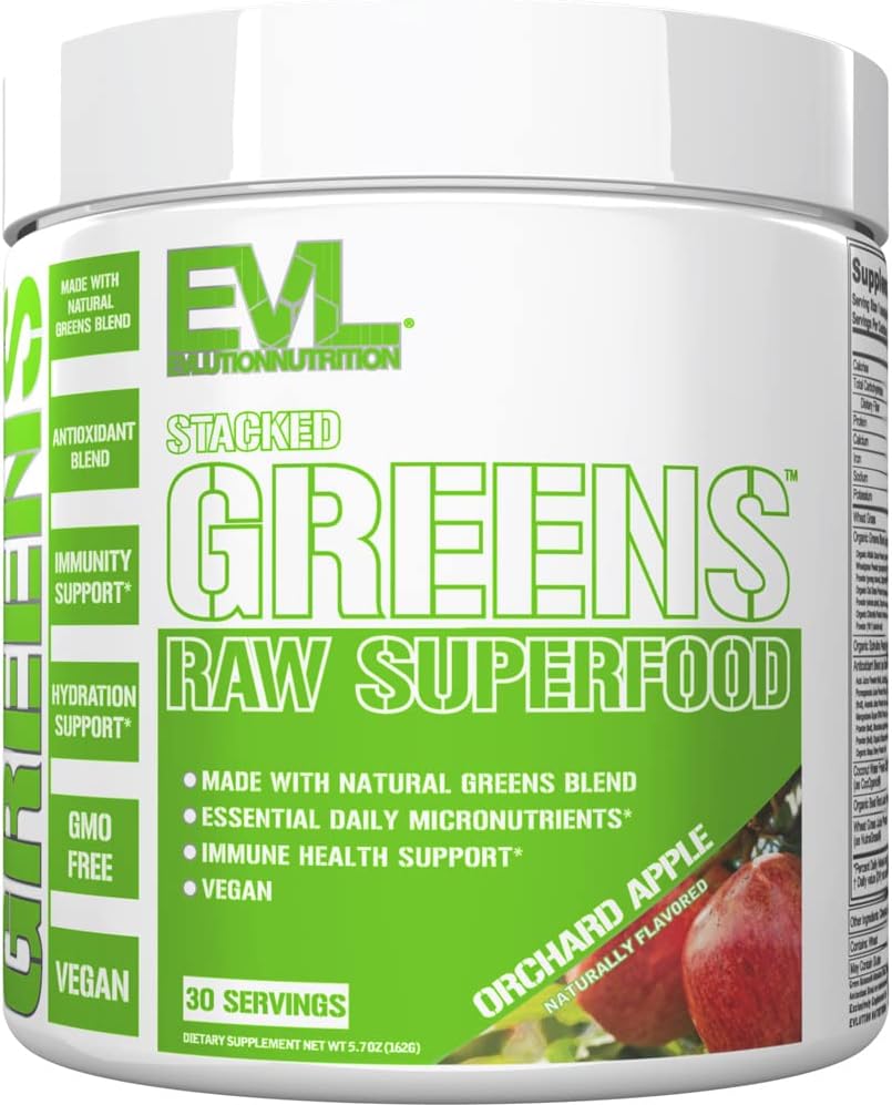 Evlution Nutrition Stacked Greens - Raw Superfood - Made with Natural Greens Blend + Essential Daily Micronutrients - Immunity + Hydration Support - Vegan & GMO-Free - 30 Servings - Orchard Apple