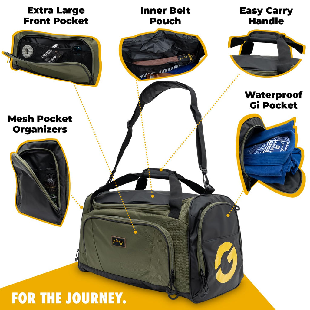 Gold BJJ Jiu Jitsu Duffle Bag - Waterproof Pocket for Sweaty Gi, Rashguard, or Shoes - The Perfect Duffel Bag for Martial Arts Gear, Boxing, MMA, and More