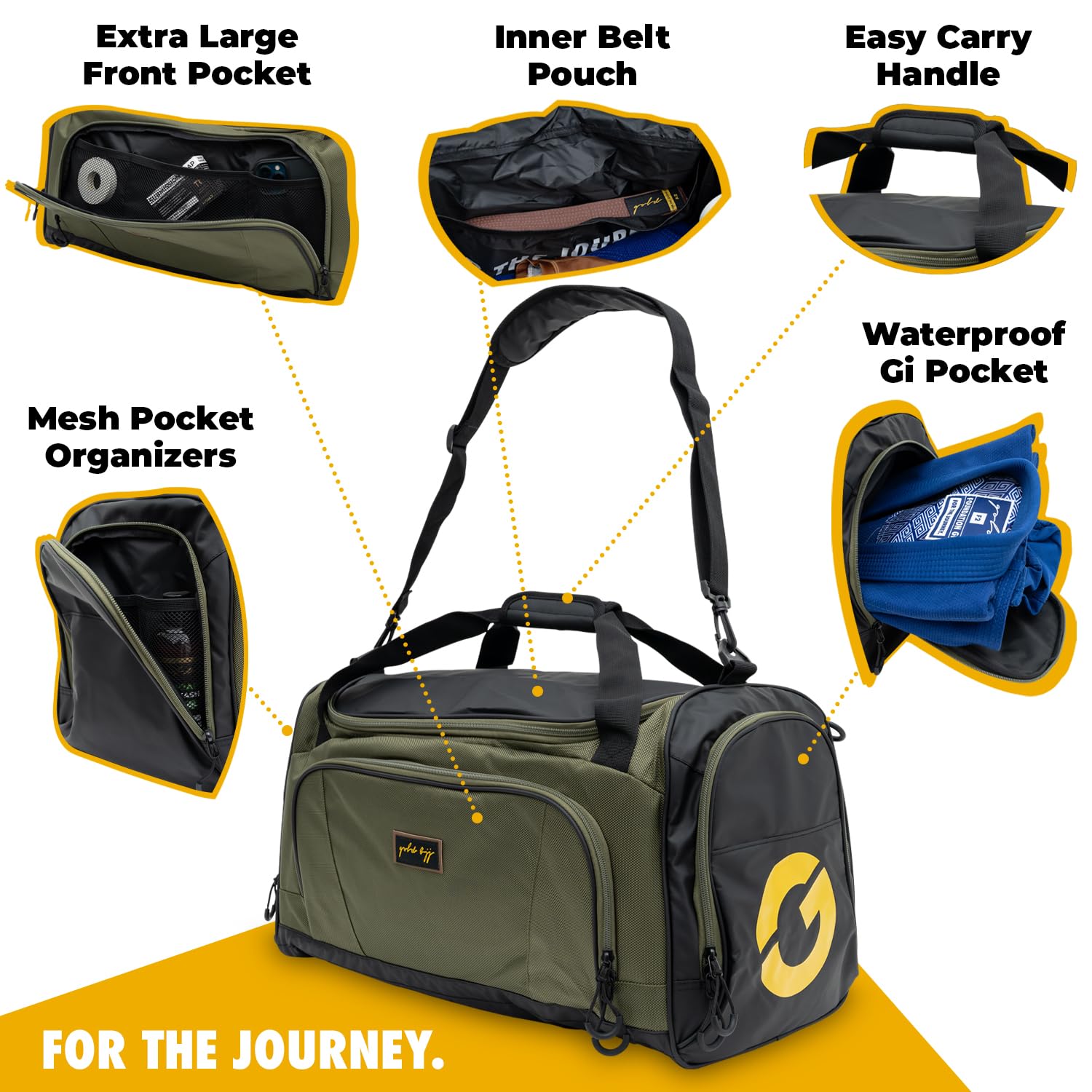 Gold BJJ Jiu Jitsu Duffle Bag - Waterproof Pocket for Sweaty Gi, Rashguard, or Shoes - The Perfect Duffel Bag for Martial Arts Gear, Boxing, MMA, and More