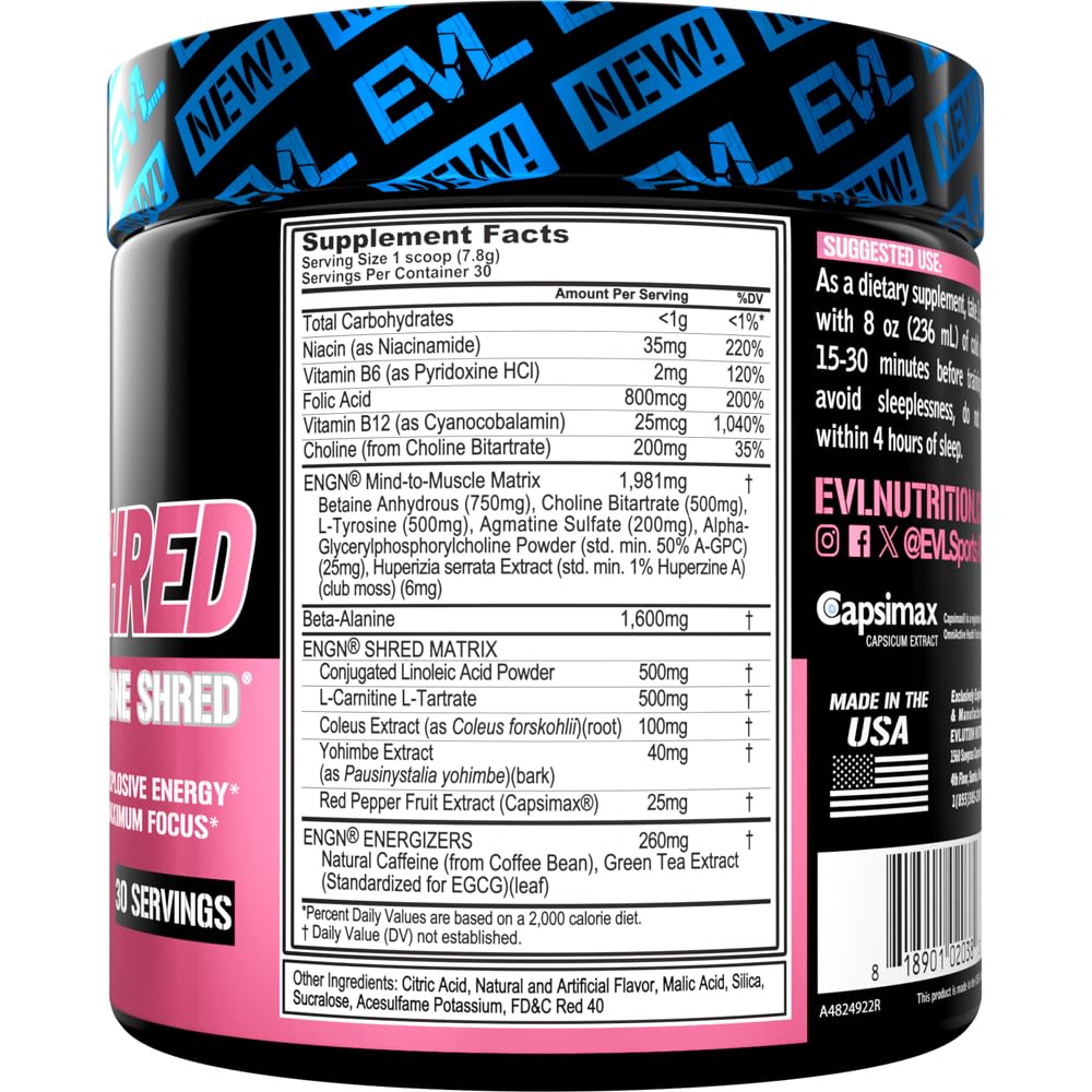 EVL Ultimate Pre Workout Powder - Thermogenic Fat Burner Preworkout Powder Drink for Lasting Energy Focus and Stamina - ENGN Shred Intense Fat Burning Creatine Free Preworkout Drink - Cherry Limeade