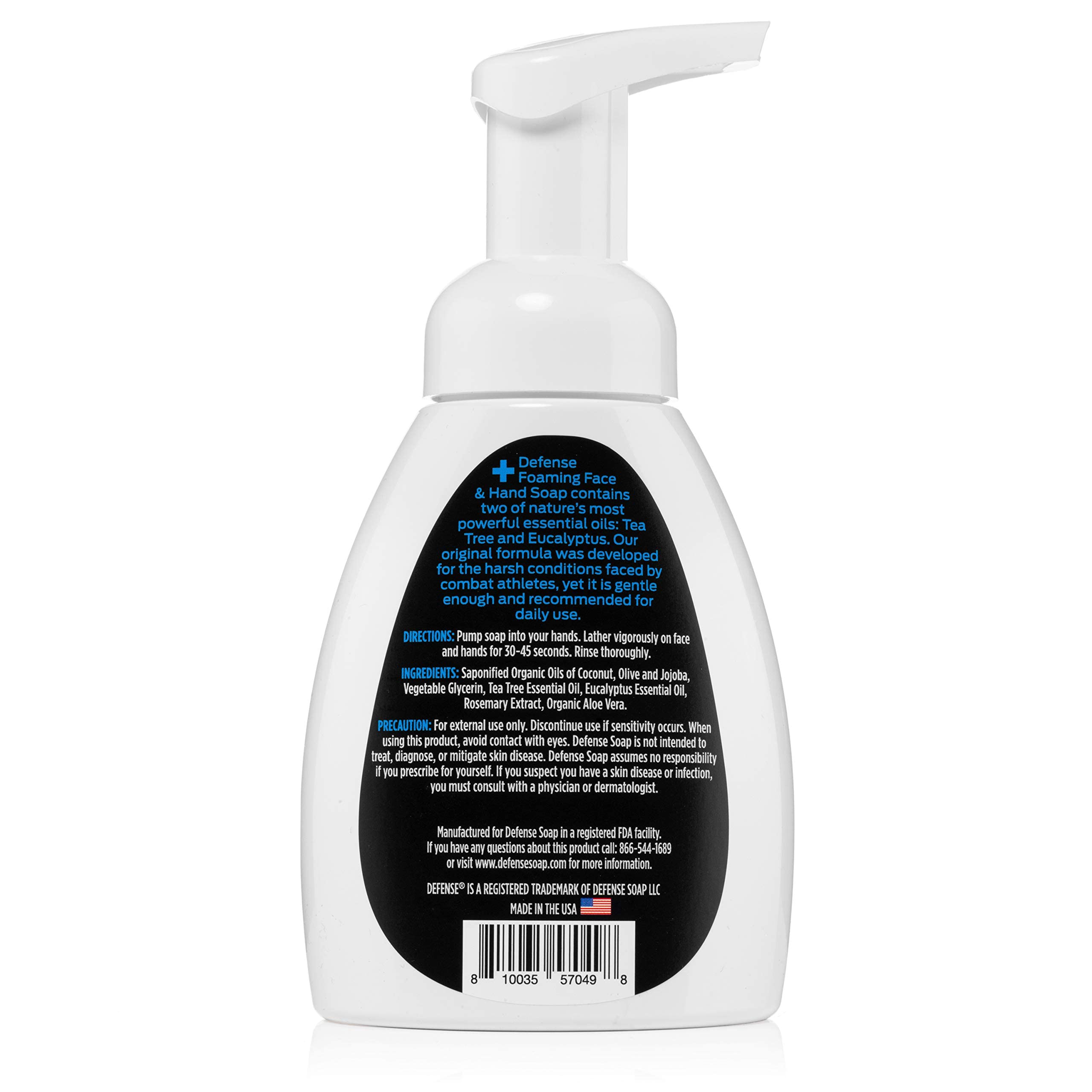 Defense Liquid Foaming Face & Hand Soap 7.5 Fl Oz with Tea Tree, Eucalyptus, Jojoba, Aloe Vera, Olive & Coconut Oils