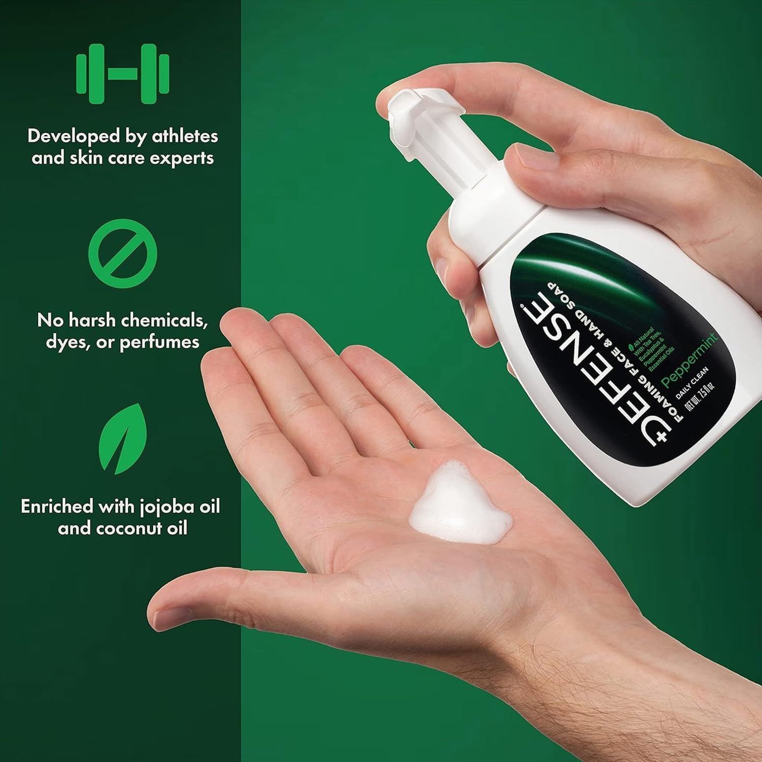 Defense Liquid Foaming Face & Hand Soap 7.5 Fl Oz with Tea Tree, Eucalyptus, Jojoba, Aloe Vera, Olive & Coconut Oils