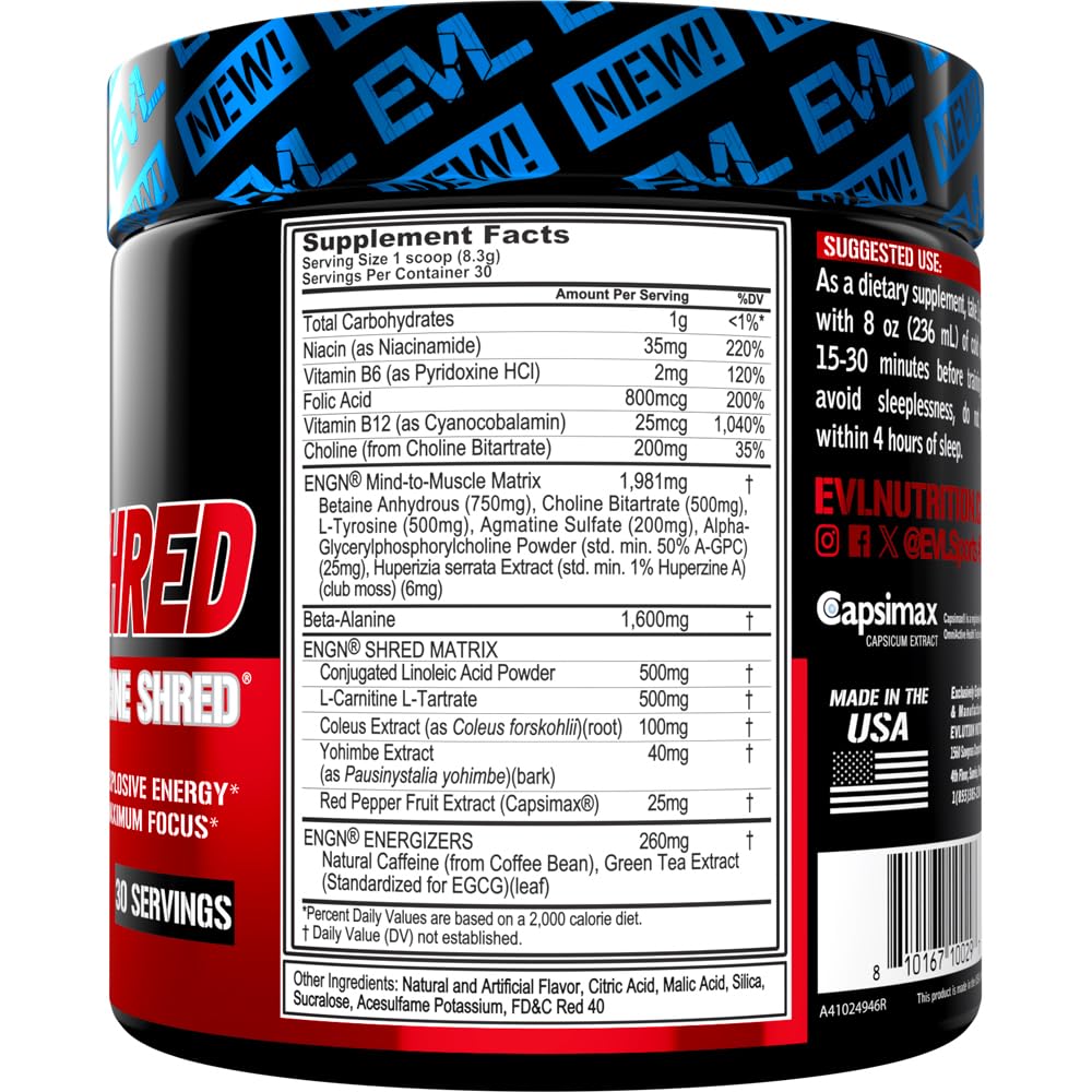 EVL Ultimate Pre Workout Powder - Thermogenic Fat Burner Preworkout Powder Drink for Lasting Energy Focus and Stamina - ENGN Shred Intense Fat Burning Creatine Free Preworkout Drink - Cherry Limeade
