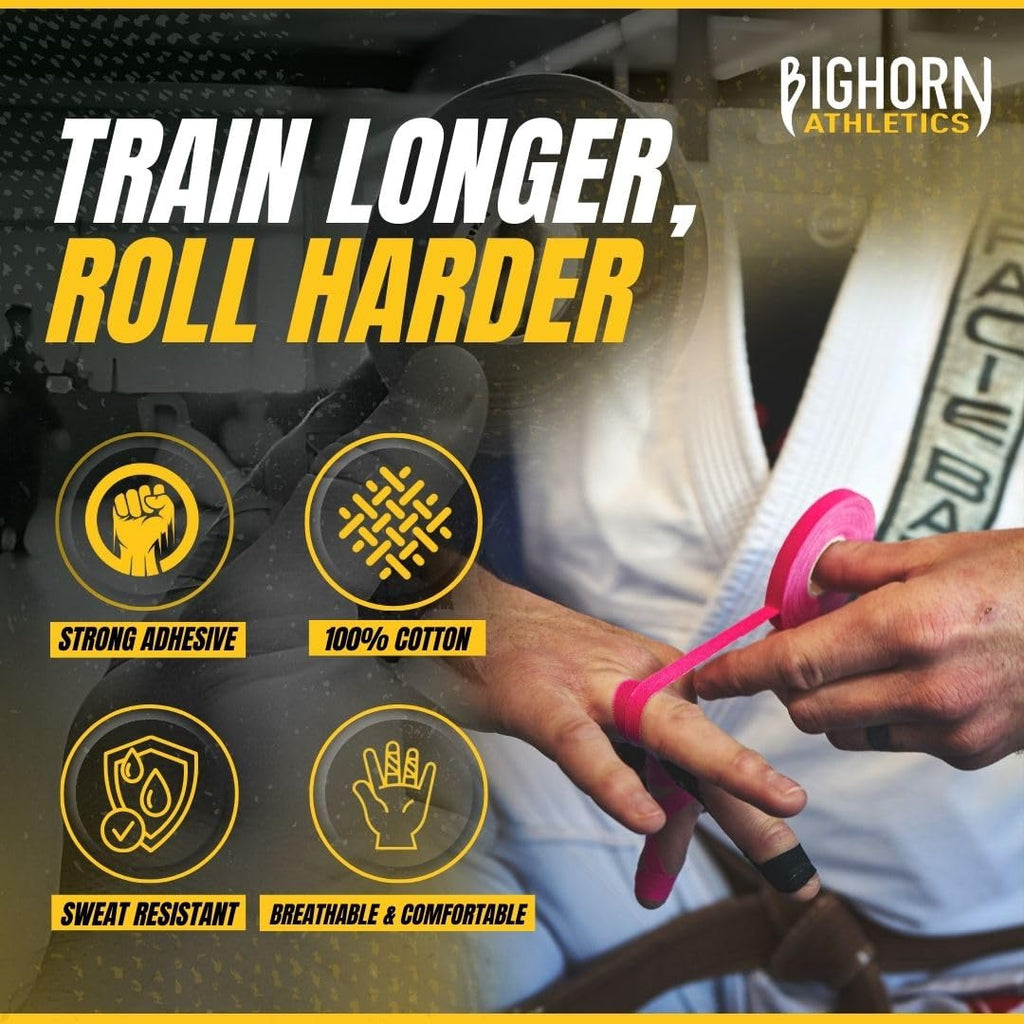 Bighorn Athletics Jiu Jitsu Finger Tape | Residue-Free Athletic Finger Tape for Sports & Injuries: Rock Climbing, Volleyball, Football, Basketball, Hands & Toes | 0.3-Inch x 45-feet, 8-Rolls, Black
